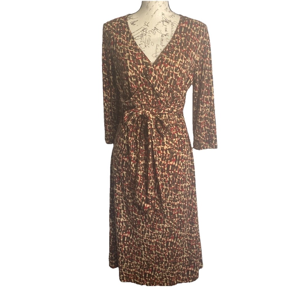 Bob Mackie Wrap Dress Sz M‎ Wrinkle Free Dress Brown Red Abstract